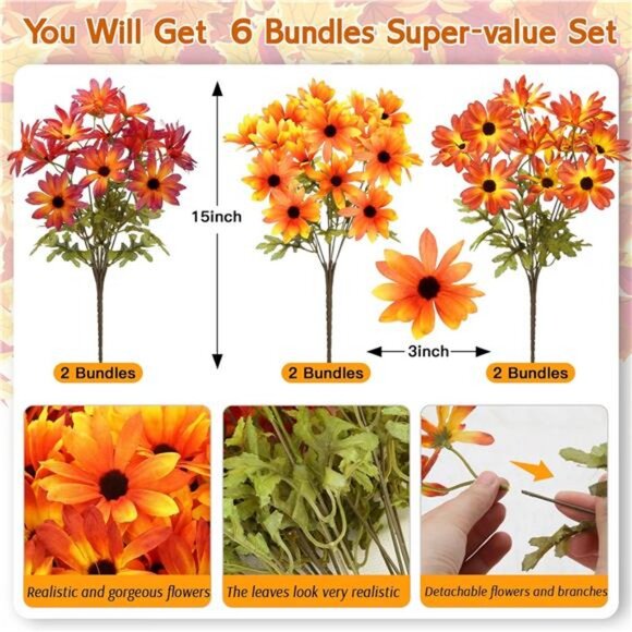 6 Bundles Fall Flowers Artificial for Decoration, Faux Mums for Outdoor - Picture 3 of 8